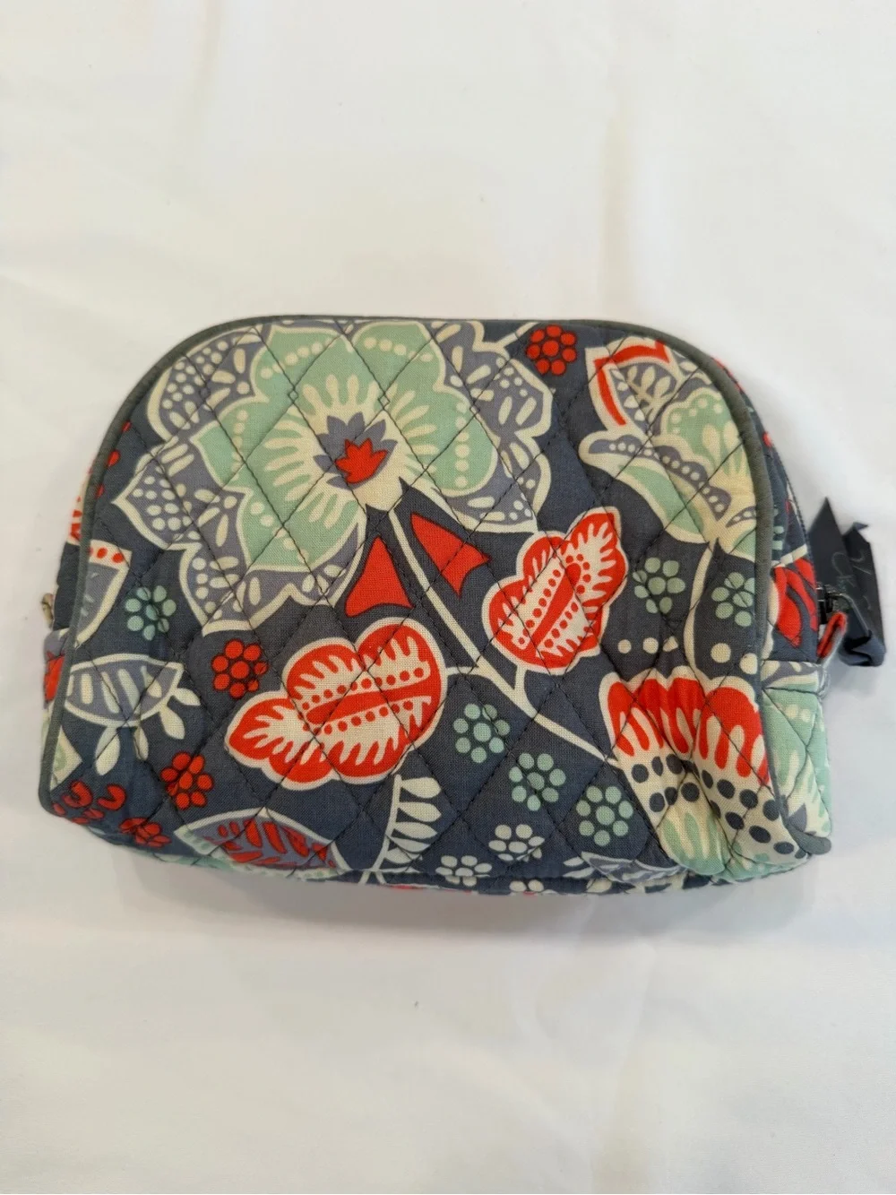 Vera Bradley Gray Cosmetic Pouch with Red and Mint Leaf Print